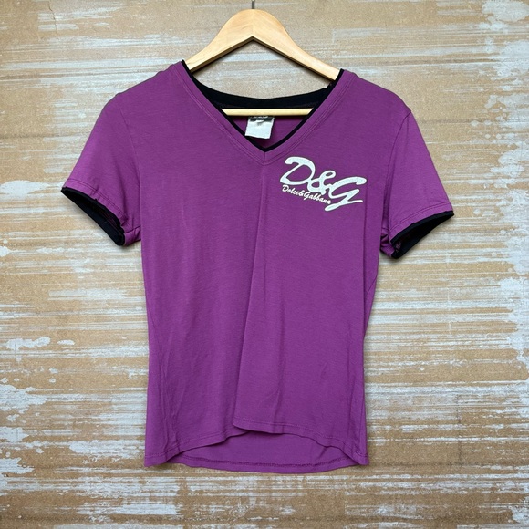 Vintage Dolce & Gabbana V Neck Baby Tee Y2K Coquette Preppy Purple Womens XL - Picture 1 of 6